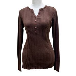 High Sierra Brown Ribbed Henley Sweater Top Metallic Copper Large Bella Swan